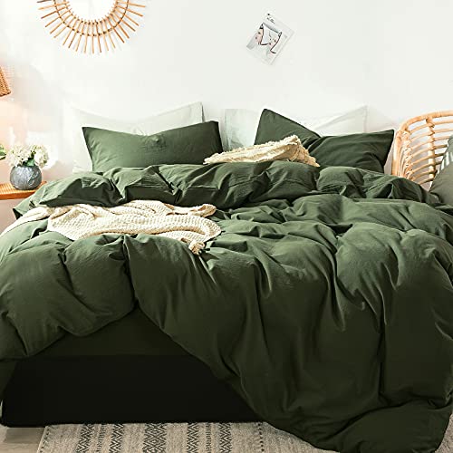 MooMee Bedding Duvet Cover Set 100% Washed Cotton Linen Like Textured Breathable Durable Soft Comfy (Olive Green, King)