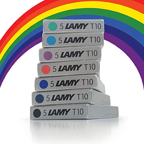Lamy T10 Assorted Colour Pack Fountain Pen Ink Cartridges Refills Spare Replacement For All Lamy Fountian Pens (1 Pack Of Each Colour - 7 Packs - 35 Cartridges - Black, Red, Washable Blue, Green, Purp