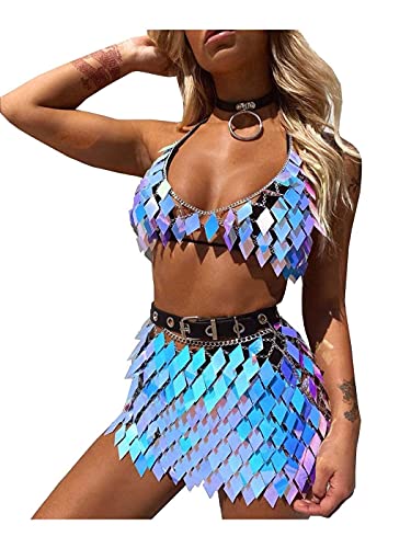 Fstrend Sequins Tassels Body Chain Outfits Bra Skirt Bikini Rave Festival Party Beach Fashion Clubwear Accessories Jewelry for Women