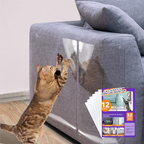 Anti Cat Scratch Furniture Protector-12 Pack Single Side Couch Protector for Cats, Self-Adhesive Cat Tape for Furniture, Clear Cat Scratch Deterrent for Furniture Door Walls (12P+52 Pins)