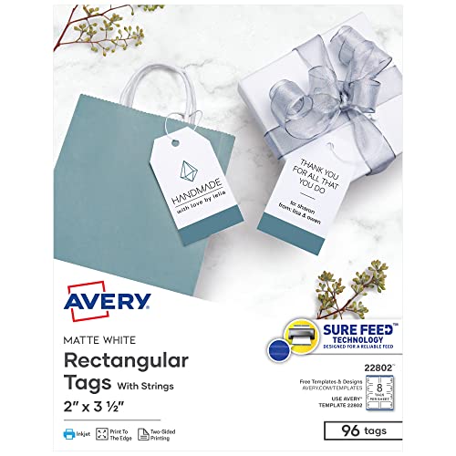Avery Printable Blank Gift Tags with Sure Feed, 2' x 3.5', White, 96 Customizable Tags with Strings (22802)