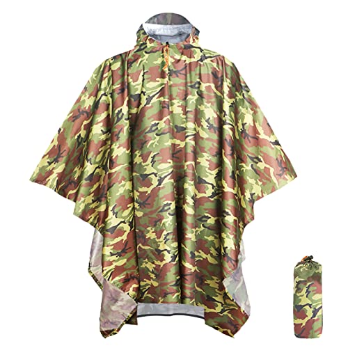 Anyoo Waterproof Rain Poncho Lightweight Reusable Hiking Hooded Coat Jacket for Outdoor Activities(Camo Green) One Size