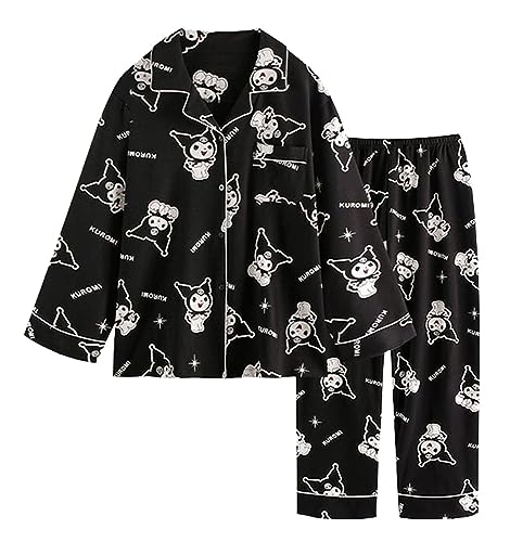 WANHONGYUE Kawaii Kuromi Pajamas for Women Girls Long Sleeve Shirt with Pj Pants Sleepwear Home Wear 2 Piece Pajama Sets Black M