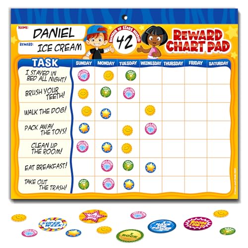 Behavior Reward Chart System - Pad with 26 Chore Charts for Kids, 2800 Stickers to Motivate Responsibility & Good Habits