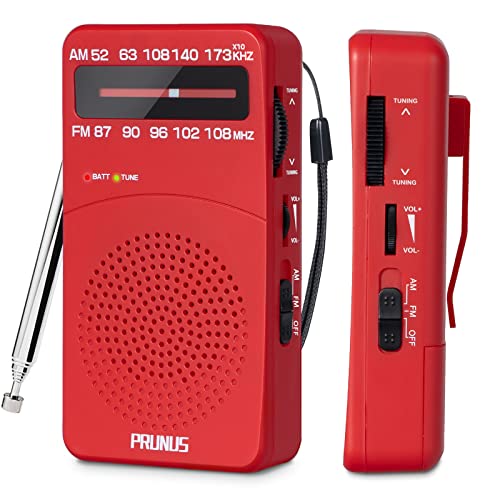PRUNUS J-166 Small Transistor Radio AM FM, Battery Operated Radio with Tuning Light, Back Clip, Excellent Reception for Indoor & Outdoor & Emergency Radio, Small Radio, Portable Radio