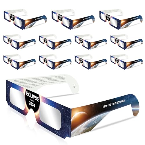 Sngeirkn Solar Eclipse Glasses AAS Approved 2024, 12 Pack Solar Eclipse Glasses for Direct Sun Viewing-ISO 12312-2:2015(E) & CE Certified (Blue-12 Pack)