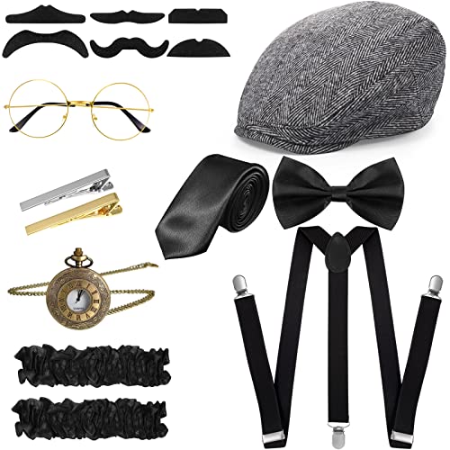 SATINIOR 1920s Old Men Costume Roaring Retro Accessories Set Gangster Hat Bow Tie Pocket Watch Suspender Glass Beard Tie Clip(Light Gray, Fresh Style)
