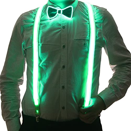 Brejkdo LED Suspenders and Bow Tie Combo - For Dancing, Raves, Halloween, Festivals (Green)