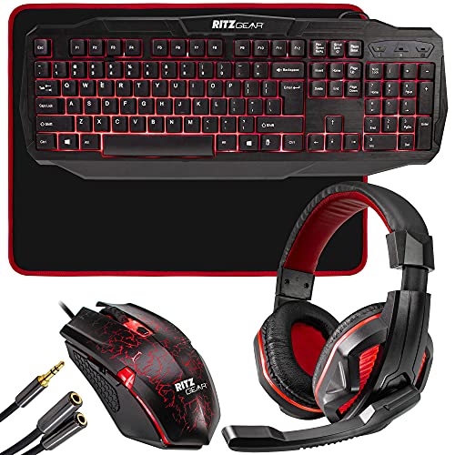 Ritz Gear Gaming Accessories Kit (Red) | 4-in-1 LED Backlight Bundle PC Combo with Multimedia Keyboard, Optical Mouse, Mouse Pad & Headset with Adapter | for Windows 7+ Desktop, Laptop, Xbox & PS4