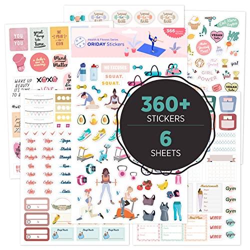 Oriday Health & Wellness, Workout - Set of 366 Stickers, 6 Sheets for Fitness Stickers - Mom, Student, Habit Tracker, for Monthly, Weekly & Daily Planner, Calendar or Journal - Sticker Book for Women