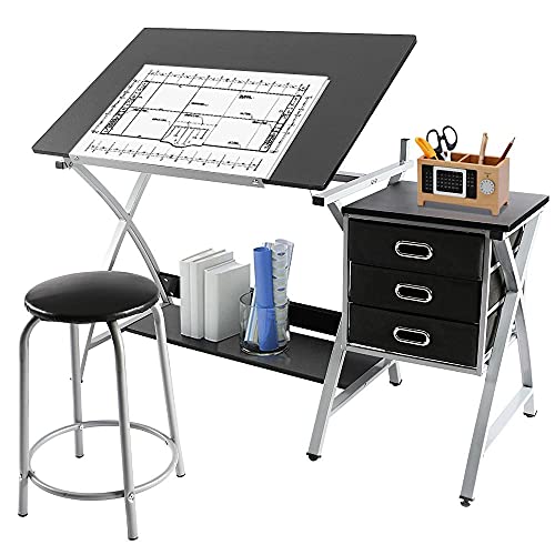 Yaheetech Drafting Desk, Drawing Table for Artists/Adults, Art Desk w/Stool and 3 Slide Drawers, Painting Studio Design Work Station, Adjustable Tabletop, Modern, 50.5 x 24 x 45 inch