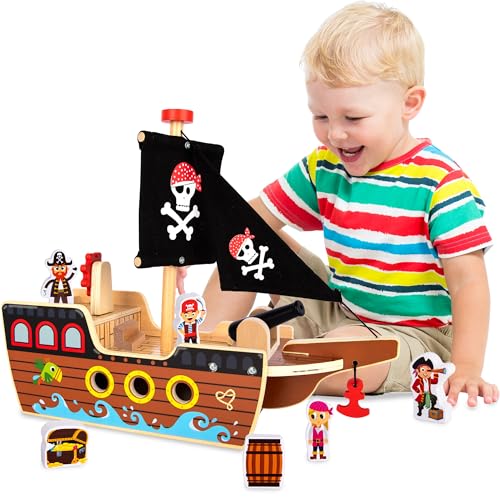 ArtCreativity Wooden Pirate Ship Toy Set for Kids - Pirate Play Set with Wood Ship, Cannon, Barrel, Treasure Chest, Bench, 4 Pirates - Toy Ship for Boys 3-5 - Pirate Gifts for Christmas