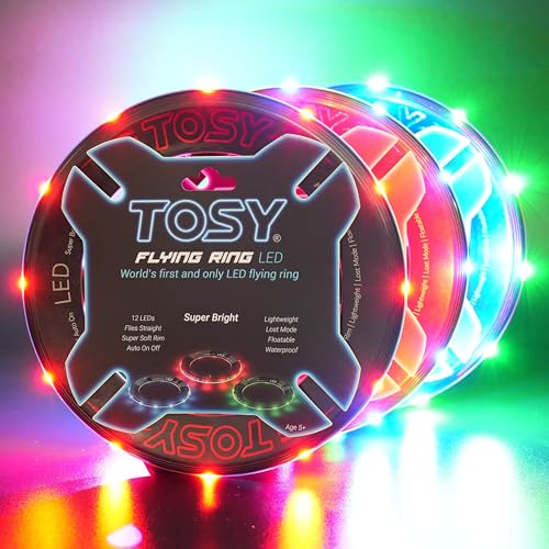 TOSY Flying Ring - 12 LEDs, Super Bright, Soft, Auto Light Up, Safe, Waterproof, Lightweight Frisbee, Cool Birthday, Camping, Easter Basket Stuffers & Outdoor/Indoor Gift Toy for Boys/Girls/Kids