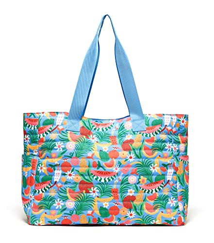 ban.do Go-Go Work Computer Bag, Large Tote Bag Holds 17 Inch Laptop, Blue Quilted Shoulder Purse, Tutti Frutti