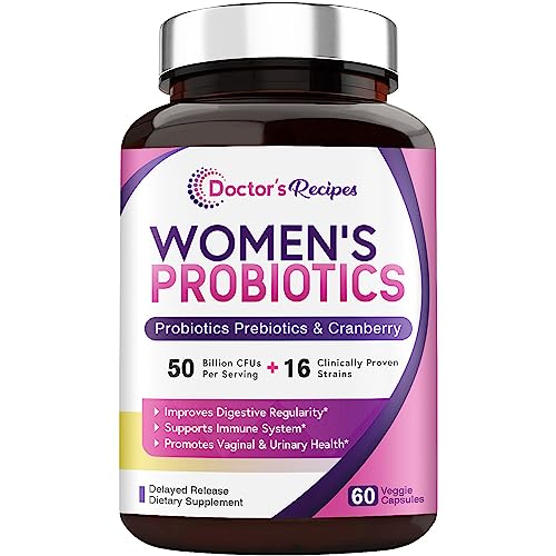 Doctor's Recipes Women’s Probiotic, 60 Caps 50 Billion CFU 16 Strains, with Organic Cranberry, Digestive Immune Vaginal & Urinary Health, Shelf Stable, Delayed Release, No Soy Gluten Dairy