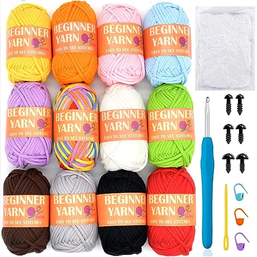 12 Pack Beginners Crochet Yarn Blue Green Pink Purple Yellow Rainbow Cotton Crochet Yarn for Crocheting Knitting Beginners with Easy-to-see Stitches Mini Crochet Yarn for Beginners Crochet Kit(12x25g)