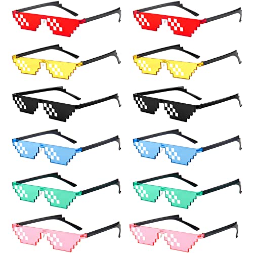 12 Pack Thug Life Party Sunglasses 8 Bit Pixelated Multicolor Mosaic Gamer MLG Photo Props Unisex Eyewear, 6 Colors