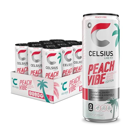 CELSIUS Sparkling Peach Vibe, Functional Essential Energy Drink 12 Fl Oz (Pack of 12)