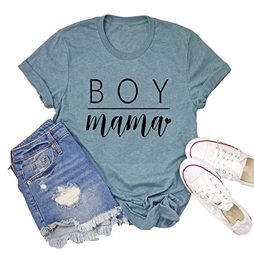 Amandon Mother Days Tees Womens Mom of Boys Round Neck Short Sleeve Graphic Shirts for Mama Shirts (L, Dusty-Blue