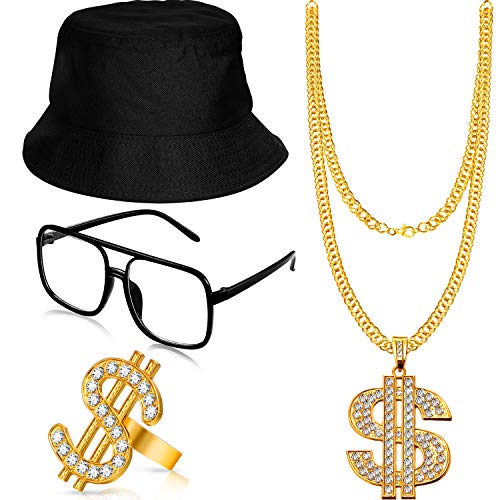 Hip Hop Costume Kit Bucket Hat Sunglasses Gold Chain Ring 80s/90s Rapper Accessories (Black)