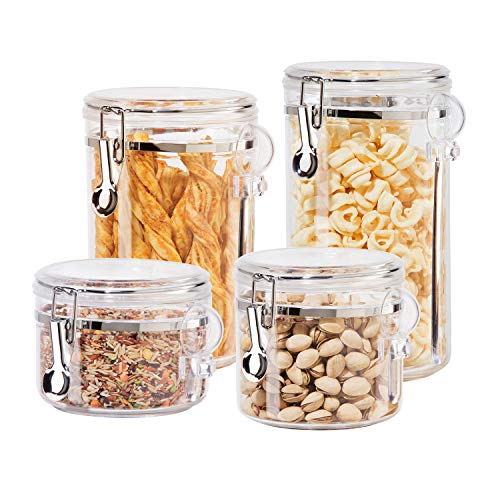 Oggi 4pc Clear Canister Set with Clamp Lids & Spoons - Airtight Food Storage Containers, Ideal for Kitchen & Pantry Storage of Bulk, Dry Food Including Flour, Sugar, Coffee, Rice, Tea, Spices & Herbs