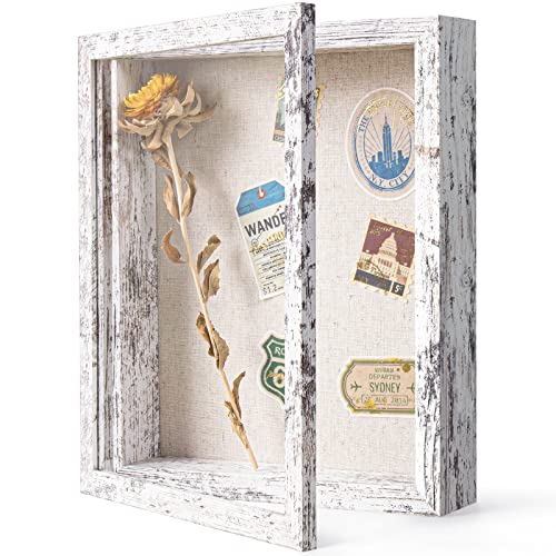 Califortree 8x10 Shadow Box Frame with Linen Back - Real Glass, Push Pins Included, Sturdy Rustic Memory Display Case, Distressed White