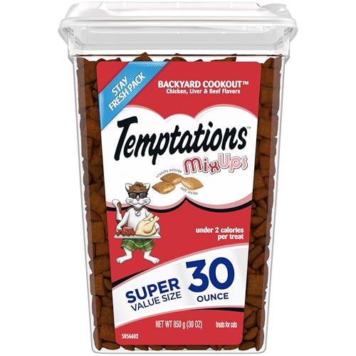 TEMPTATIONS MIXUPS Crunchy and Soft Cat Treats Backyard Cookout Flavor, 30 oz. Tub