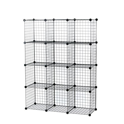 UNICOO - 14 * 14 Inch Big Cube Multi Use DIY 12 Cube Wire Grid Organizer, Bookcase, Bookshelf, Storage Cabinet, Wardrobe Closet,Toy Organizer, Wire Cube Storage- (Black Wire)