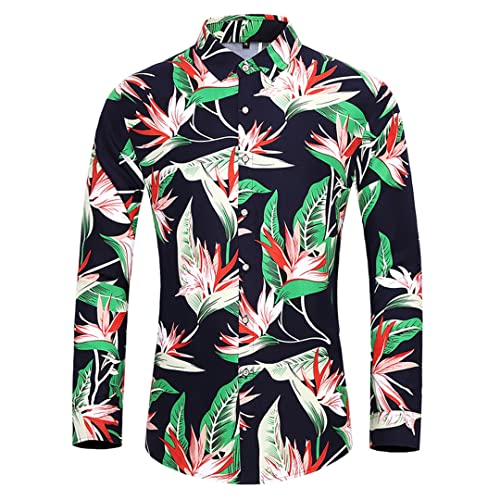 Men Long Sleeve Button Down Dress Shirt PlFlower Printed Hawaii Shirt Casual Social Blouse Tops