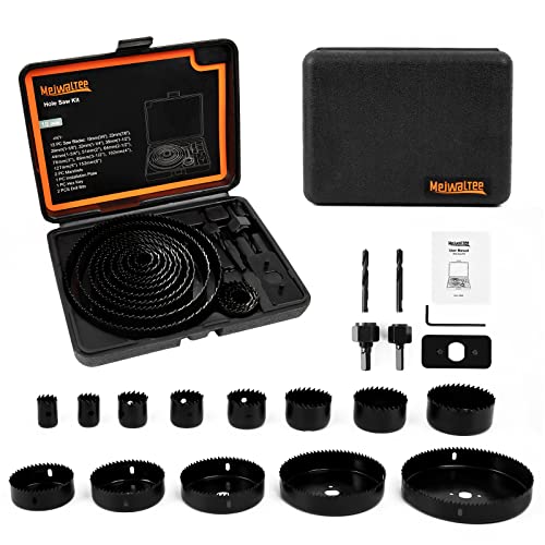 Meiwaltee Hole Saw kit,19PCS Hole Saw Set with 3/4'-6'(19-152mm) 13PCS Saw Blades,2 Mandrels,2 Drill Bits,1 Installation Plate,1 Hex Key,Ideal for Soft Wood,Plywood,Drywall,PVC Board