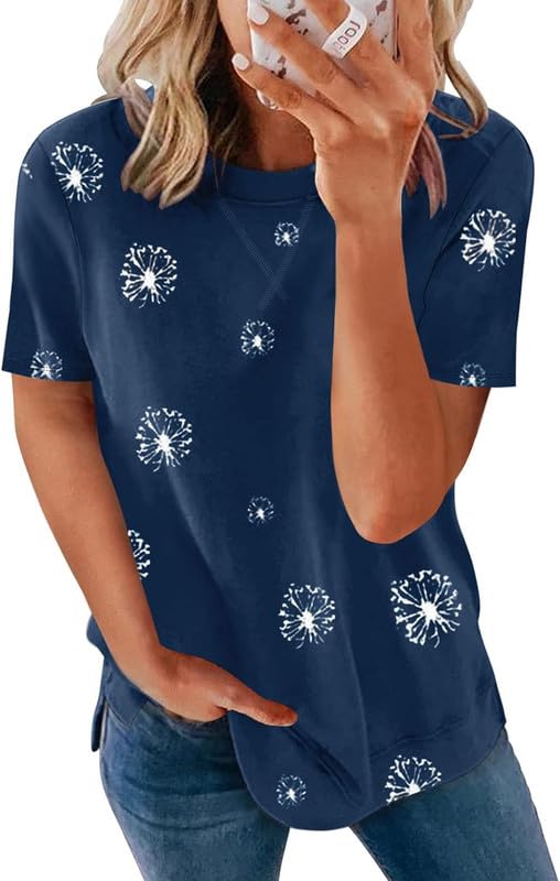 SHEWIN Women's Summer Casual Short Sleeve Crewneck Dandelion Print Graphic Tees Tunic Tops Soft Tshirts for Womens,US 16-18(XL),Blue