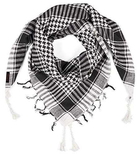 LOVARZI Cotton Shemagh Scarf - Tactical Black & White Arab Palestine Keffiyeh for Men - Lightweight Military Army Scarf