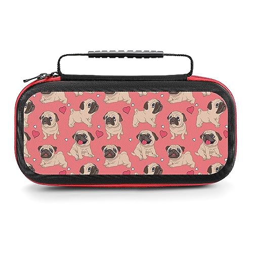 AoHanan Switch Carrying Case Cartoon Pugs Puppies on A Pink Switch Game Case with 20 Games Cartridges Hard Shell Travel Protection Storage Case for Console & Accessories