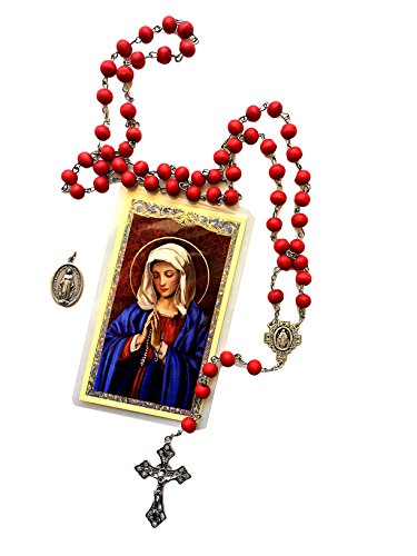 Rose Scented 7mm Red Wood Beads Rosary Gift set (Includes miraculous medal and Our Lady of the Rosary holy card with prayer)