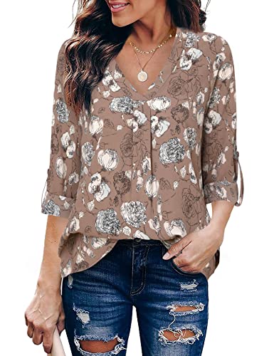 Youtalia Womens Dress Tops and Blouses for Work, Women's Shirts Long Sleeve Tunic Blouse V Neck Shirt Pleated Blouse Floral Tunic Top Casual Plus Size Blouses for Women Multicolor Coffee X-Large
