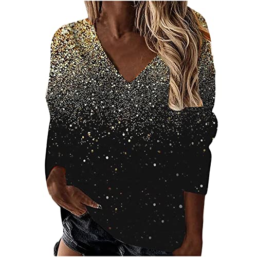 Ladies V Neck Tops Splicing Blouse T Shirts for Women Shiny Sequined Print Casual Long Sleeve Comfy Workout Tees Top Yellow