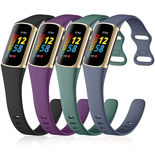 GEAK 4 Pack Slim Band Compatible with Fitbit Charge 5/Charge 6 Bands Women Men, Soft Silicone Sport Replacement Wristband for Fitbit Charge 5/Charge 6 Fitness Tracker, Black/Plum/Blue Gray/Pine Green