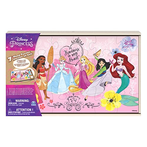 Disney Princess, 7 Wood Puzzles Jigsaw Bundle 12-Piece 16-Piece 24-Piece Ariel Tiana Rapunzel Pocahontas with Storage Tray, for Kids Ages 4 and up