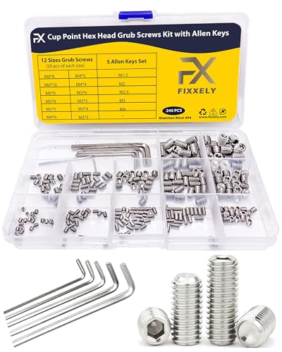 FIXXELY Cup Point Grub Set Screws 240 (M3,M4,M5,M6,M8) - Hex & Flat Head - 5 Allen Keys (M1.5,M2,M2.5,M3,M4) - 304 Stainless Steel Set Screw Assortment Kit Sizes - Ideal for Home Repairs & Fixtures