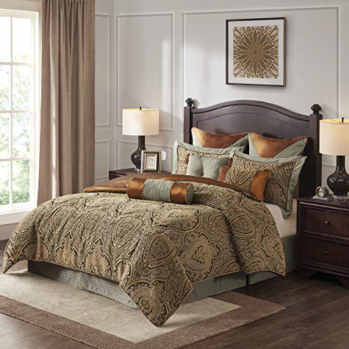 Hampton Hill Bed Comforter Duvet 2-in-1 Set Bed in A Bag - Teal, Brown, Jacquard Medallion Damask – 9 Piece Bedding Sets – Ultra Soft Microfiber Bedroom Comforters, Queen