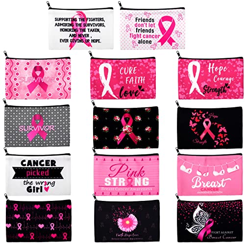 14 Pack Breast Cancer Survivor Gifts for Women Breast Cancer Awareness Makeup Bags Pink Ribbon Cosmetic Pouches Multi Purpose Cancer Fighter Butterfly Zipper Organizers for Patient Friends Coworker