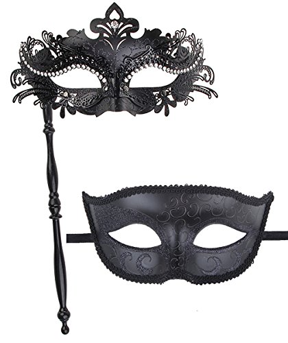IETANG On Stick Couple's Gorgeous Venetian Masquerade Masks Party Costumes Accessory (on Stick-black)