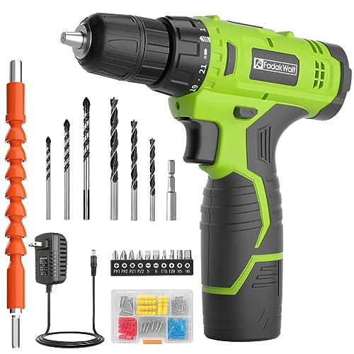 FADAKWALT Cordless Drill Set,12V Power Drill Set with Battery and Charger, Electric Driver/Drill Bits, 3/8'' Keyless Chuck,21+1 Torque Setting, 180 inch-lbs, with LED Electric Drill Set (Green)