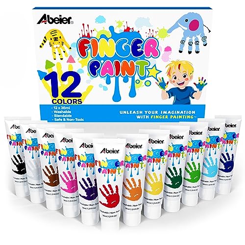 ABEIER Washable Finger Paint for Toddlers, Safe Non-Toxic, 12 Vibrant Colors (1.21fl oz), Baby Safe Paint for Hand and Feet, Mess Free Art Supplies for Kids, Preschool Learning Gifts, Ages 1-3 4 5 6+