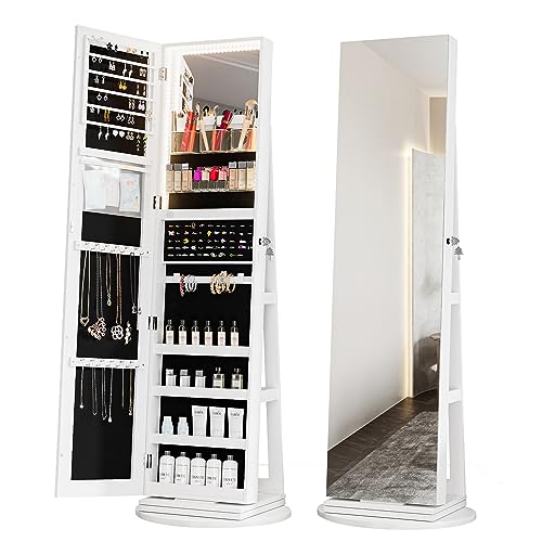 Kasibie Full Length Mirror Jewelry Armoire with LED Lights, Lockable Mirror with Jewelry Storage, 360° Swivel Mirror Jewelry Cabinet Standing, Jewelry Organizer Cabinet for Women Girls Gift
