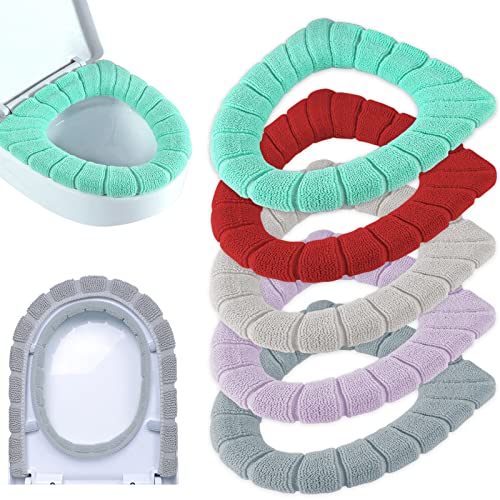 ZeeDix 5 Pcs Thicker Bathroom Soft Toilet Seat Cover Pad-Warmer Stretchable Fibers Easy Installation Cushioned Lid Covers, Washable and Comfortable Toilet Seat Cover Pads (5 Colors)