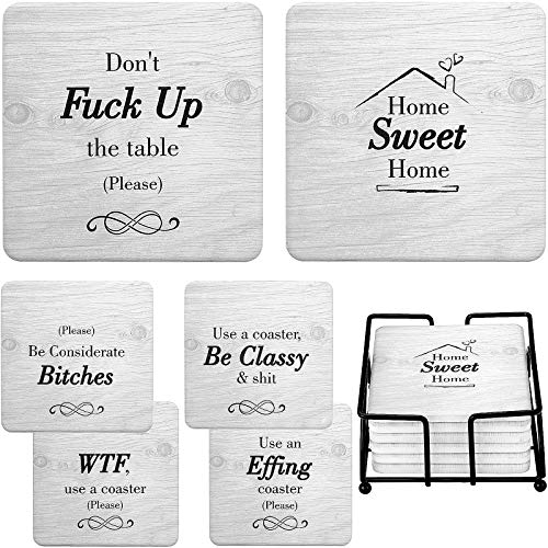 Funny Coasters for Drinks Absorbent with Holder - 6 Pcs Novelty Gifts Set - 6 Sayings - Unique Present for Friends, Men, Women, Housewarming, Birthday, Living Room Decor, White Elephant, Holiday Party