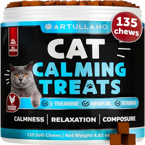 Hemp Cat Calming Treats - Cat Anxiety Relief - Storm Anxiety, Сomposure, Grooming, Separation, Travel - Calming Aid for Cats with Hemp Oil, L-Theanine - Cat Melatonin - Made in USA - 135 Soft Chews