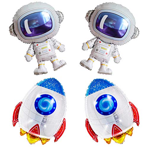 4Pcs Cute Large Size Outer Space Cartoon Balloons Astronaut Balloons Rocket Balloons for Kids Planet Themed Party Supplies Baby Shower Birthday Party。 (colorful)