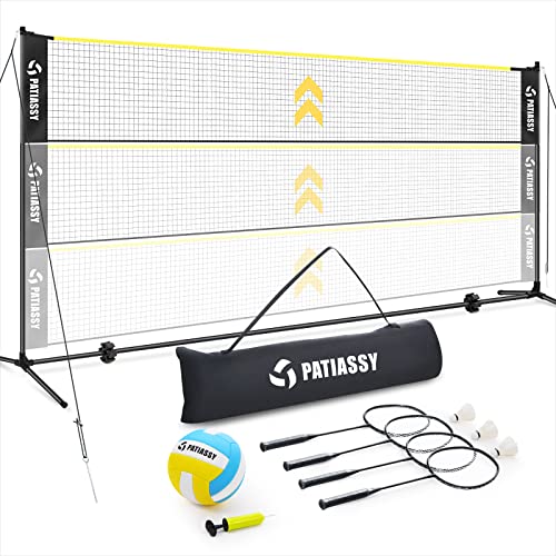 Patiassy 5.1ft-7.4ft Adjustable Height Volleyball Badminton Net Set 17ft Portable Sports Net with Poles, 4 Badminton Rackets, 3 Shuttlecocks and 1 Volleyball for Indoor Outdoor